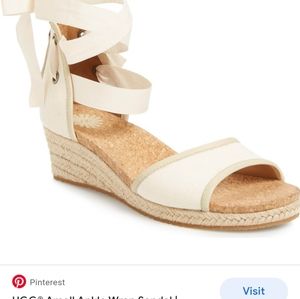 UGG Amell Open Toe Canvas Ribbon Ankle Wrap Jute Wedge 1014955 Ivory. Size 6.5